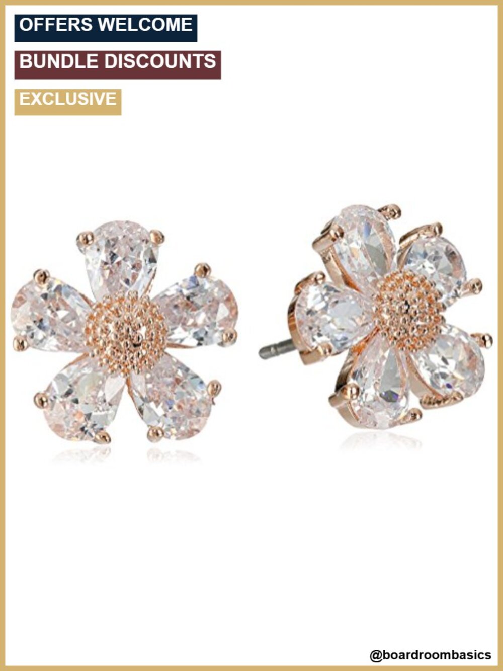 Rose Gold-Tone Crystal Flower Stud Earrings Textured Post Back